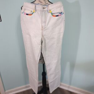 Something Navy Embroidered Straight Leg Jeans High Waist Mom Size 8 Light Blue